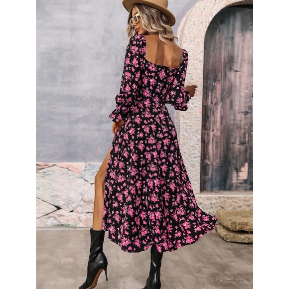 Blue white Floral Print Flounce long Sleeve Knotted Split Thigh midi Dress - Picture 7 of 11